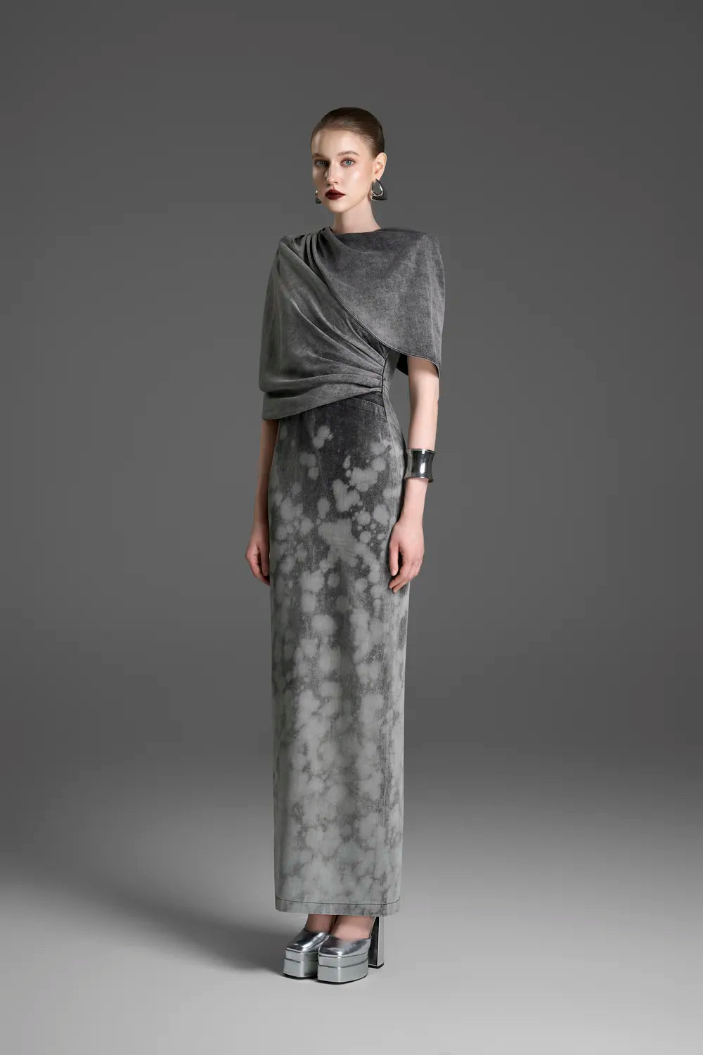 Asymmetric Draped Cape With Straight Washed Dress